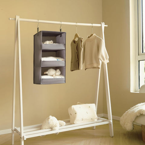 3-Shelf Hanging Storage Organiser, Pack of 1 Hanging Wardrobe Storage Organiser, Collapsible Hanging Shelves for Wardrobe, Fabric Hanging Wardrobe Organiser for Clothes Accessories, Grey