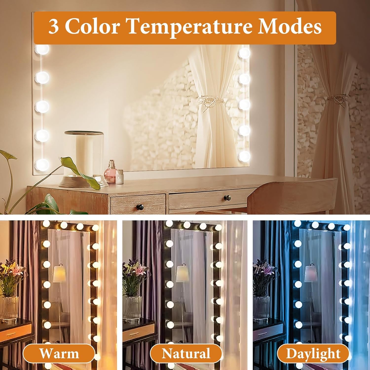 Hollywood Mirror Lights Stick on 10 Bulbs, Makeup Lights for Dressing Table, USB Cable Adjustable, LED Vanity Mirror Lights for Mirror Make up Light for Bathroom Vanity Table Bedroom