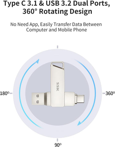 64GB USB C Flash Drive - Dual USB 3.2 Type-C & USB-A Thumb Drive, Up to 200MB/s, Zinc Alloy, OTG Compatible for Phone, Mac & PC