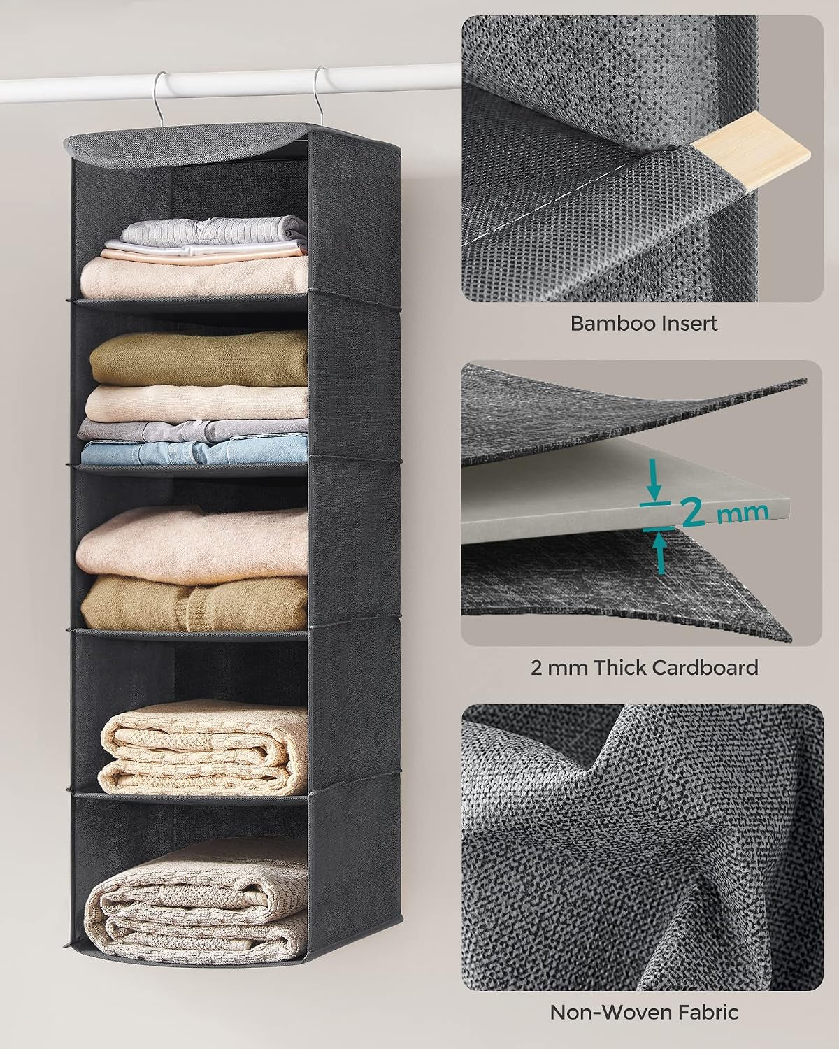 SONGMICS Hanging Wardrobe Organiser Set of 2, 5 Shelves Each, Foldable Grey Storage – Make Room for the Things You Love