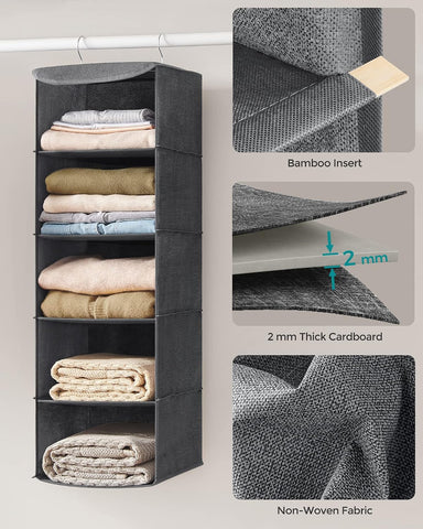 SONGMICS Hanging Wardrobe Organiser Set of 2, 5 Shelves Each, Foldable Grey Storage – Make Room for the Things You Love