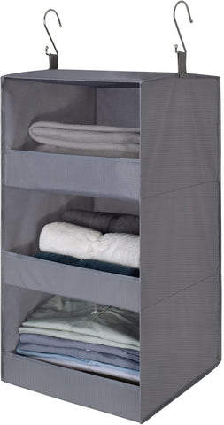 3-Shelf Hanging Storage Organiser, Pack of 1 Hanging Wardrobe Storage Organiser, Collapsible Hanging Shelves for Wardrobe, Fabric Hanging Wardrobe Organiser for Clothes Accessories, Grey
