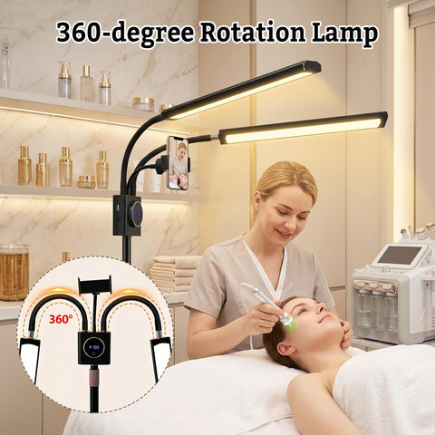Beauty Light with 2 Arms | 3 Color LED Lash Light with Remote Control 360° Adjustable Floor Fill Lamp with Phone Holder for Photograph, Beauty, Tattoo