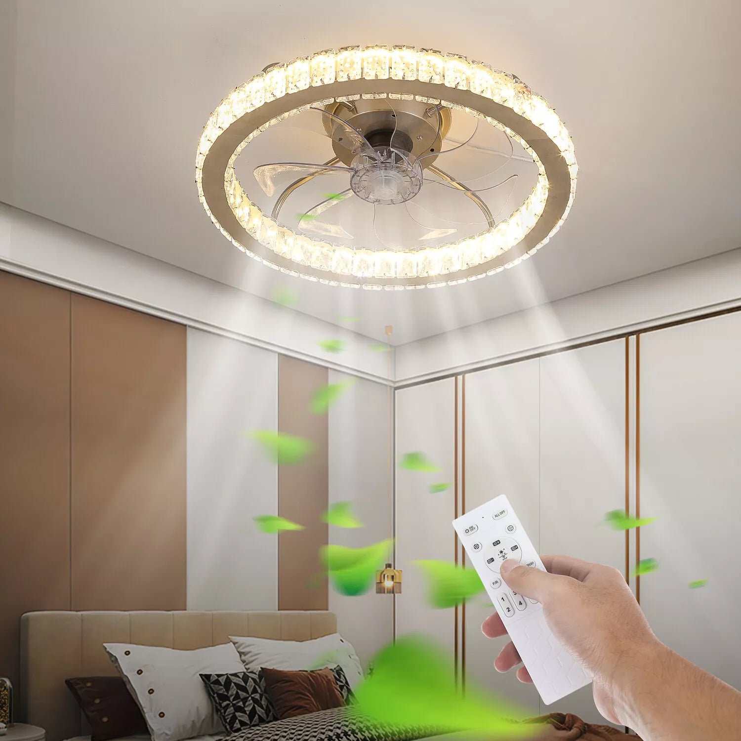 LED Crystal Ceiling Fan Light UK – Dimmable, Quiet with Remote Control - UK
