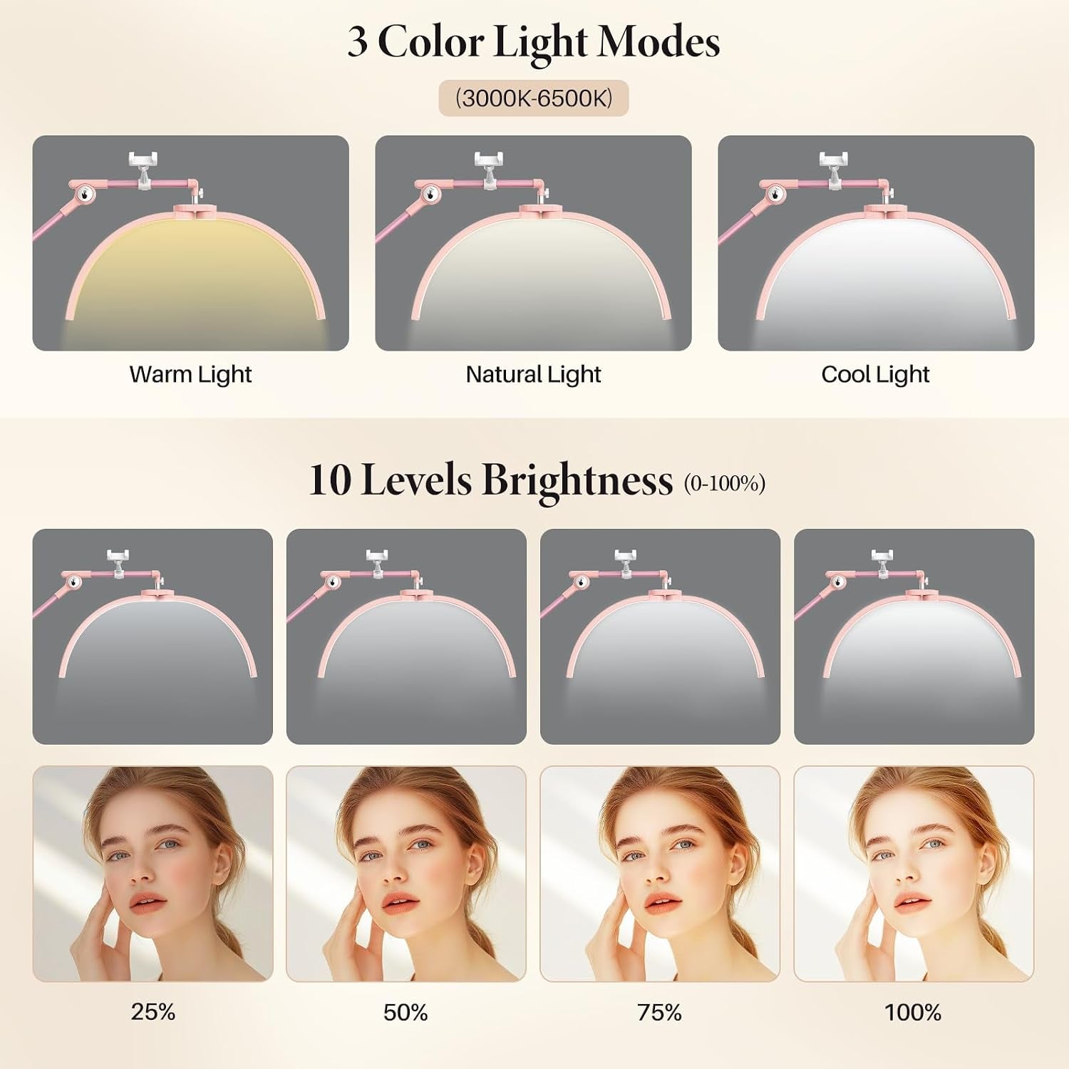 Half Moon Lash Light: 28In Half Moon Lamp for Lash Extensions | 3 Color Dimmable & 360° Rotating Eyelash Lamp for Lash Techs Home Salon with Phone Holder - Pink