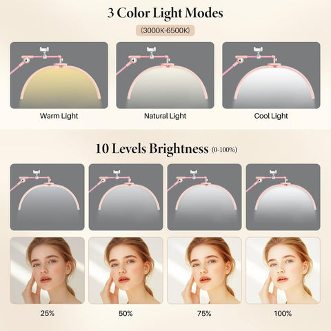 Half Moon Lash Light: 28In Half Moon Lamp for Lash Extensions | 3 Color Dimmable & 360° Rotating Eyelash Lamp for Lash Techs Home Salon with Phone Holder - Pink