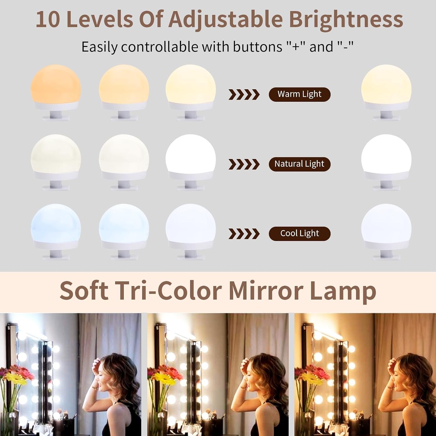 Vanity Mirror Lights Kits, 12 Bulbs Hollywood Style LED Makeup Lights with USB Cable, 3 Colour Changing & 9-Level Brightness, Make up Light for Dressing Table Room, Bathroom