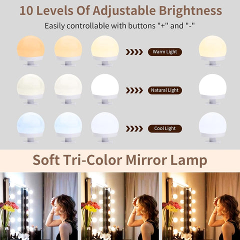 Vanity Mirror Lights Kits, 12 Bulbs Hollywood Style LED Makeup Lights with USB Cable, 3 Colour Changing & 9-Level Brightness, Make up Light for Dressing Table Room, Bathroom