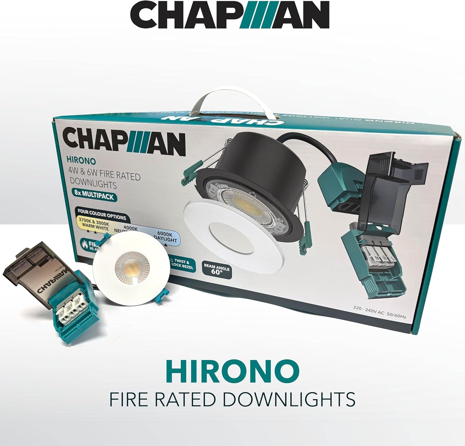 Chapman Hirono Pro 4W & 6W Fire Rated Downlights IP65 White 8 Pack | 4CCT 2700K-6000K, Cool, Neutral or Warm White Waterproof LED Modern Ceiling Light for Bathroom, Kitchen, Bedroom & Living Room