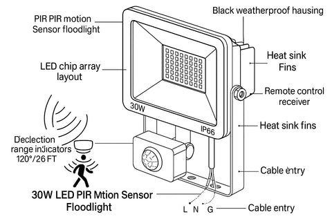 30W LED PIR Floodlight with Remote Control – 6500K Cold White