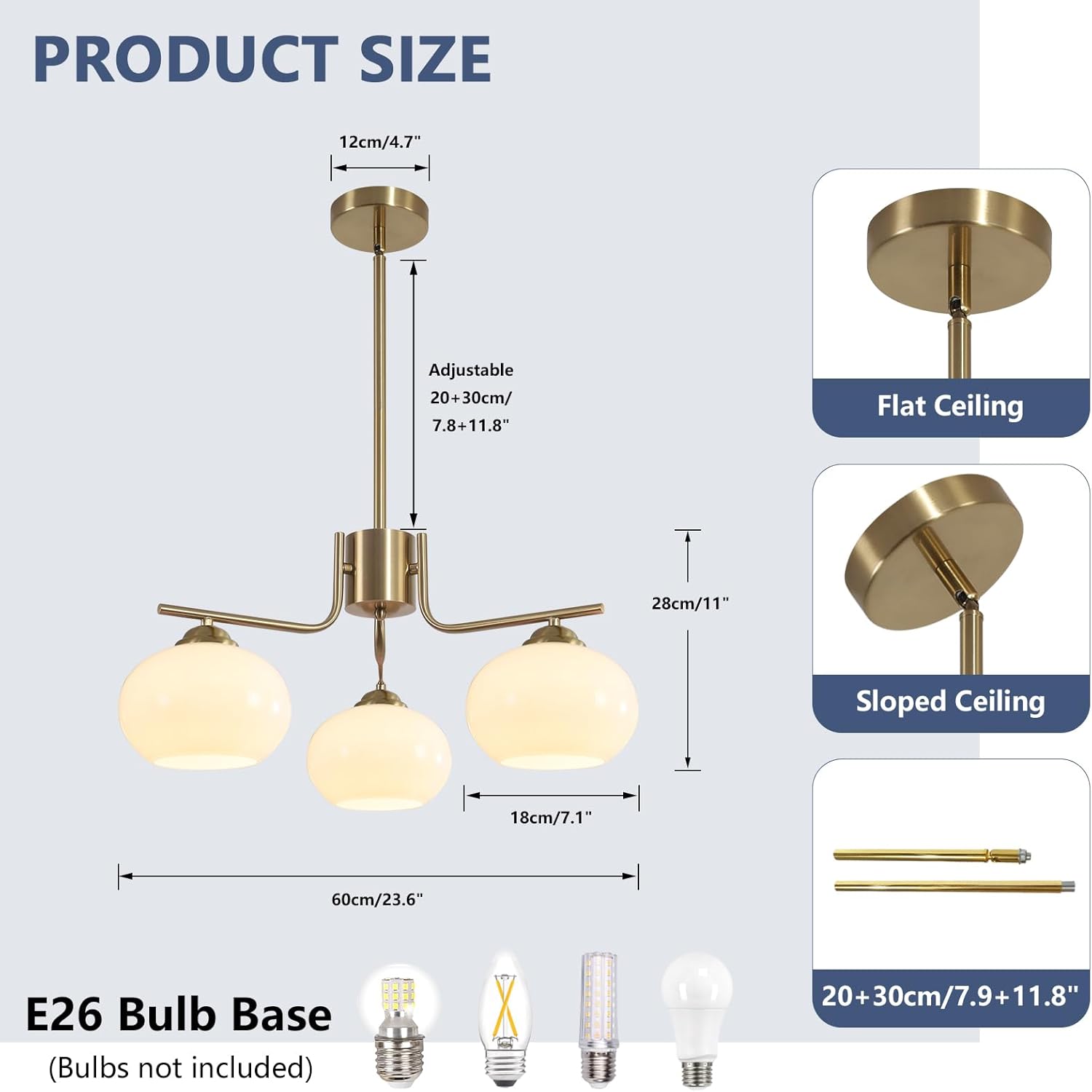 Chandelier with dimensions and bulb base information on a light gray background