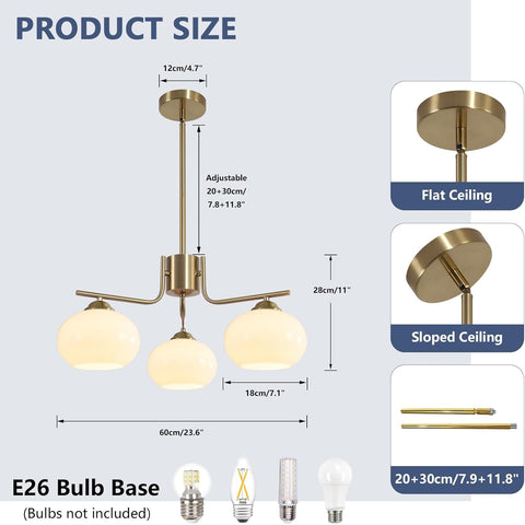 Chandelier with dimensions and bulb base information on a light gray background