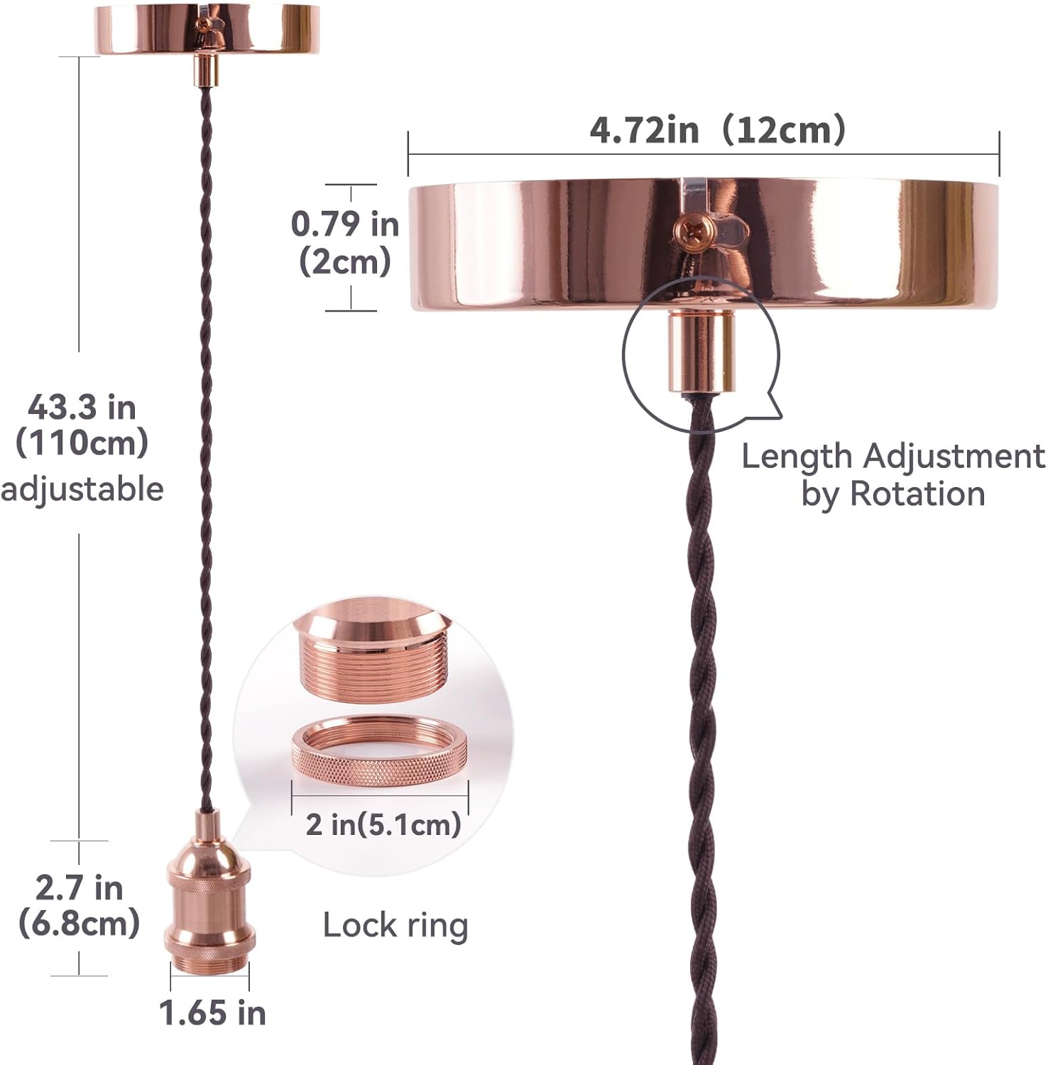 Copper pendant light with measurements and details on a white background