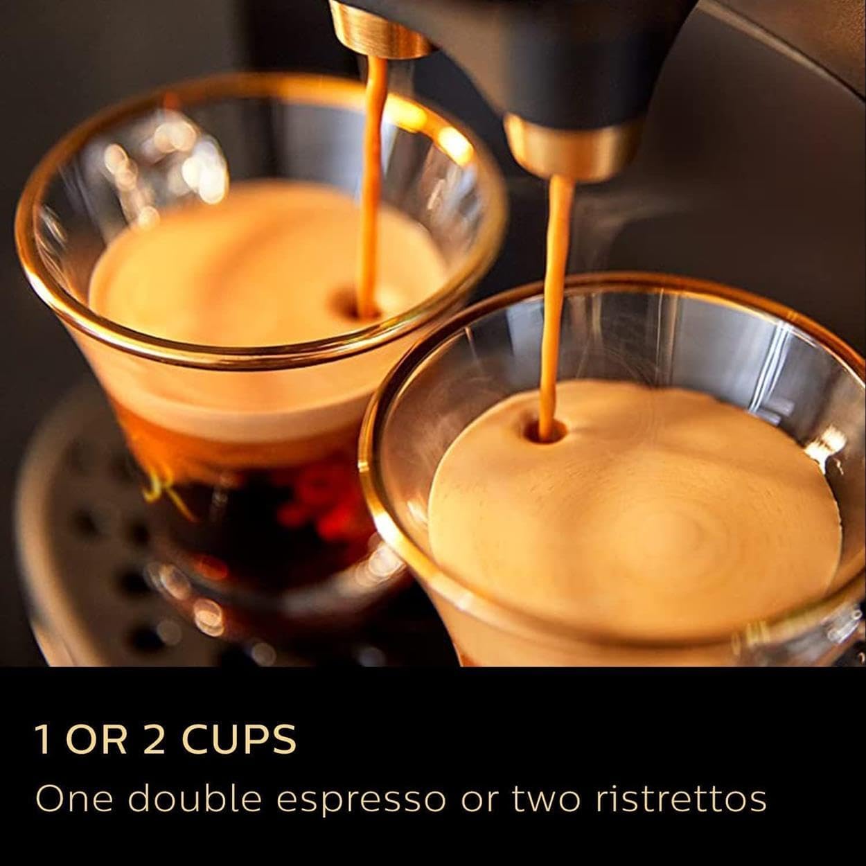 Espresso being poured into two glass cups with text indicating serving options.