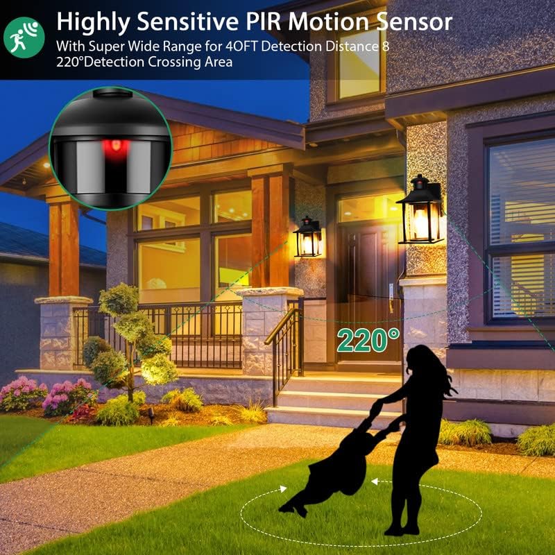 Highly sensitive PIR motion sensor with a wide detection area shown in front of a house.