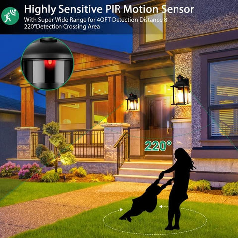 Highly sensitive PIR motion sensor with a wide detection area shown in front of a house.
