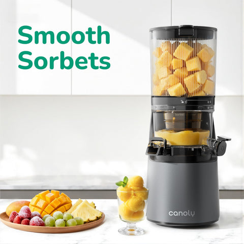 Juicer with fruits and sorbets on a kitchen counter, featuring the brand 'canoly'.