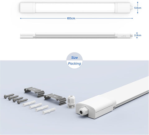 LED tube light with dimensions and accessories on a light blue background