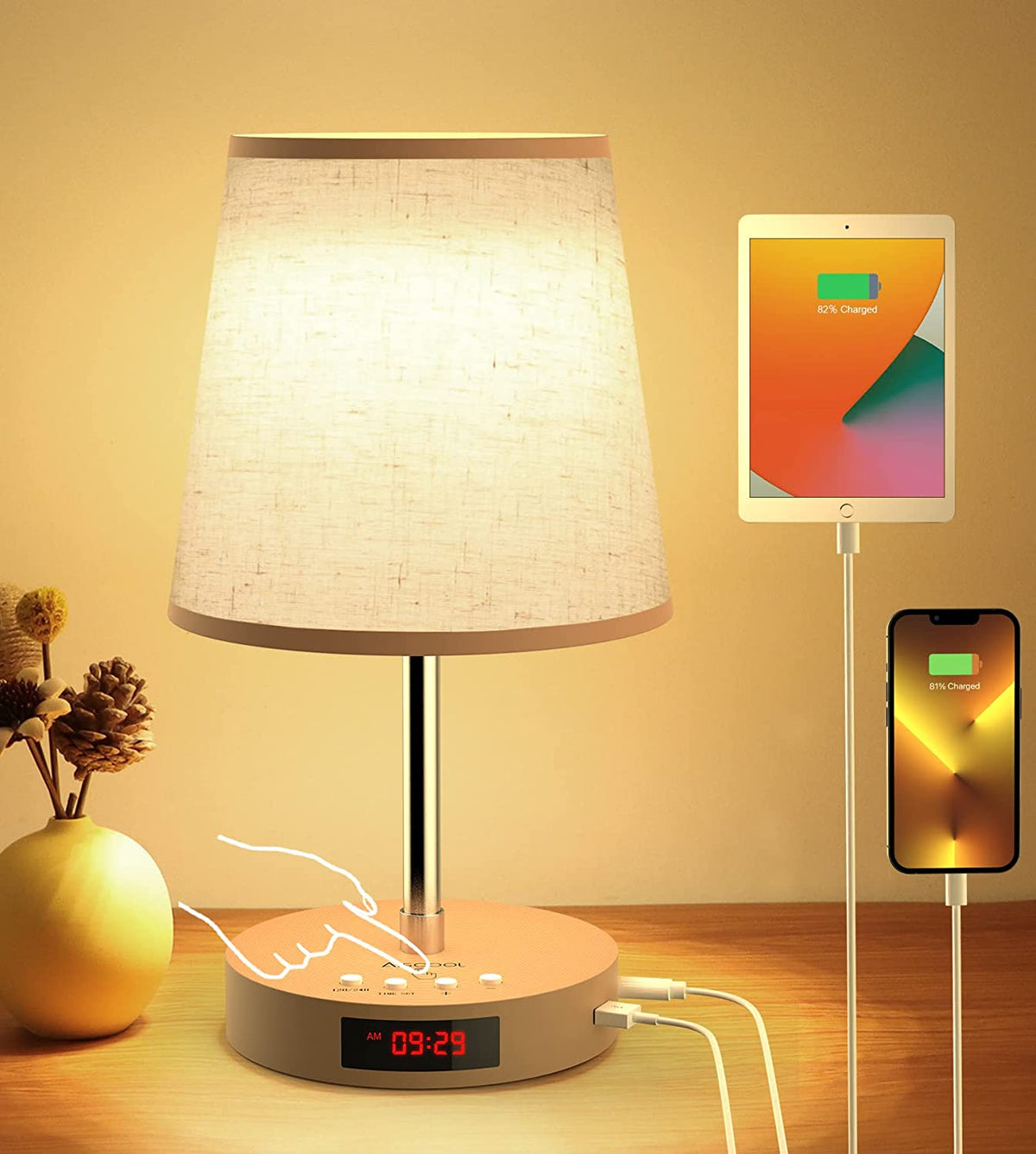 Bedside Lamps, Touch Table Lamp with Clock and Adjustable Stand, LED Nightstand Lamp with USB Type C Ports |  Wood Base for Living Room Bedroom