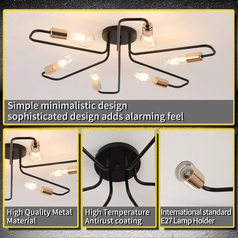 Vintage Industrial Spider Ceiling Light – Semi-Flush Mount Chandelier with (6 E27 Bulb)