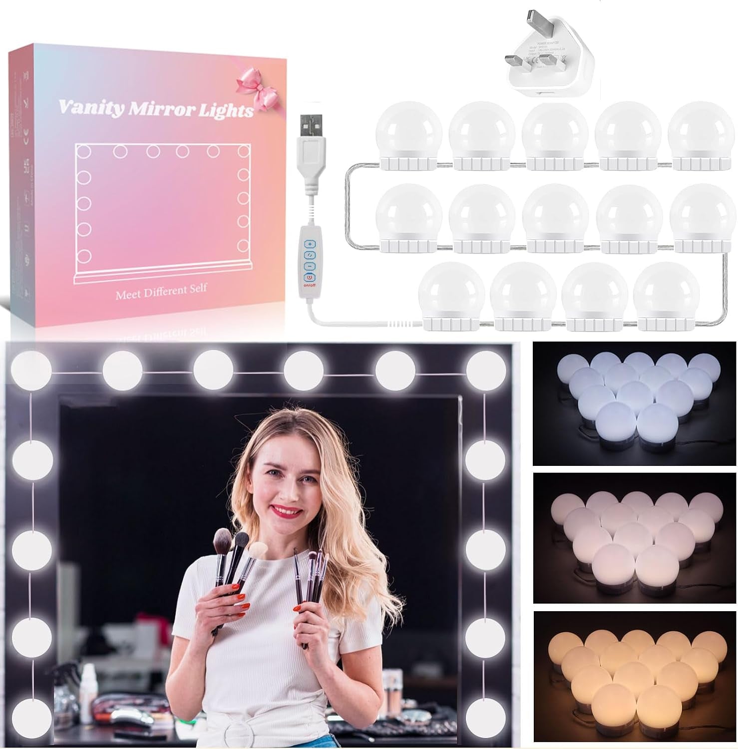 Hollywood Mirror Lights Stick on 10 Bulbs, USB Cable Adjustable, 3 Colour Changing and 10 Brightness, LED Vanity Mirror Lamp Dimmable, Makeup Lights for Dressing Table (No Adapter)