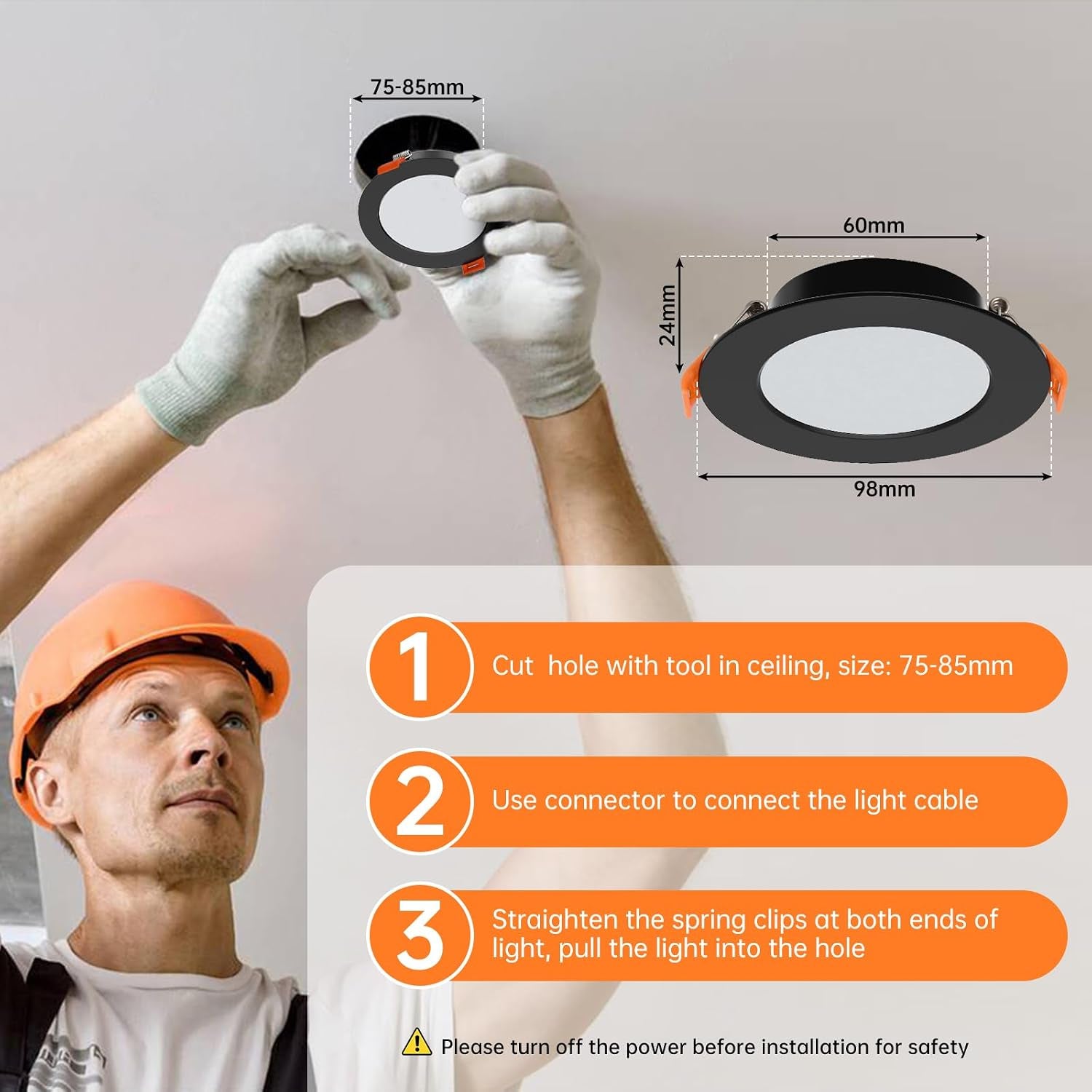 Pack of 10 Extra Flat Black LED Recessed Spotlights, 5 W 450 Lumen Equivalent to 50 W Incandescence, 4000 K Neutral White IP44, Diameter 98 Mm, Hole Diameter Φ75-85 Mm