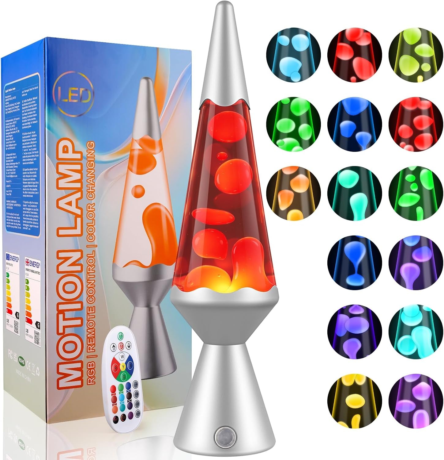 13.5″ Liquid Motion Lamp, 15 Colour Changing with Remote | LED Mood Lighting for Bedroom Decor, Calming Lava Flow Effect, Remote 15 Colours, Ideal Gift for Kids & Adults-Grey Base