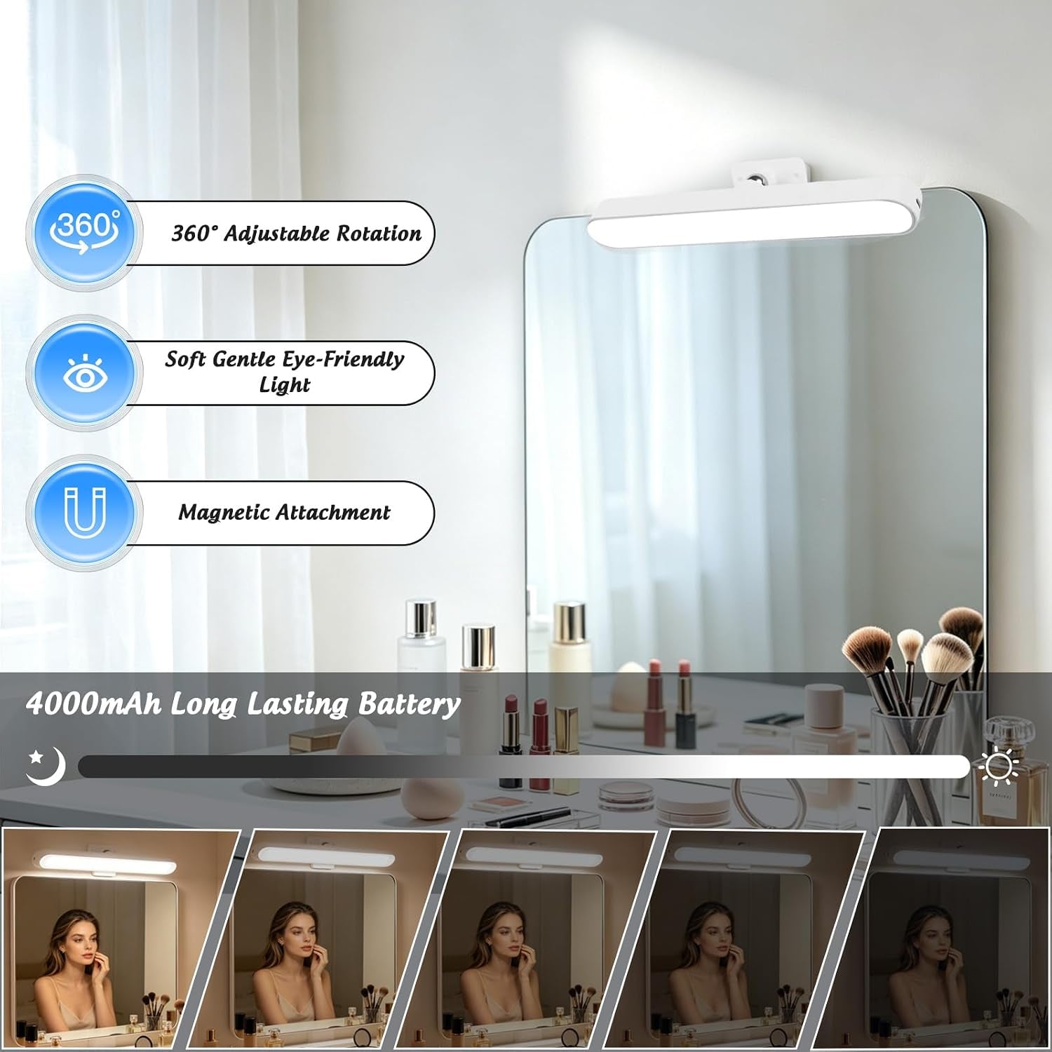 Makeup Mirror Lights Stick on Mirror, Makeup Light for Bathroom | Mirror Lights Rechargeable Battery Operated, Magnetic Dressing Table Lights, Touch Make up Vanity Light Adjustable Brightness