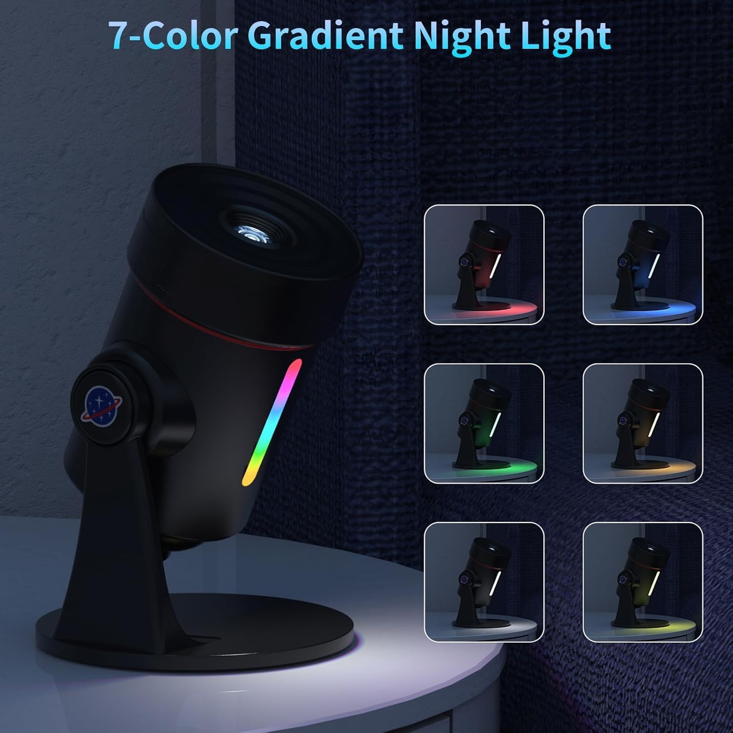 7-color gradient night light on a dark background with color-changing display.