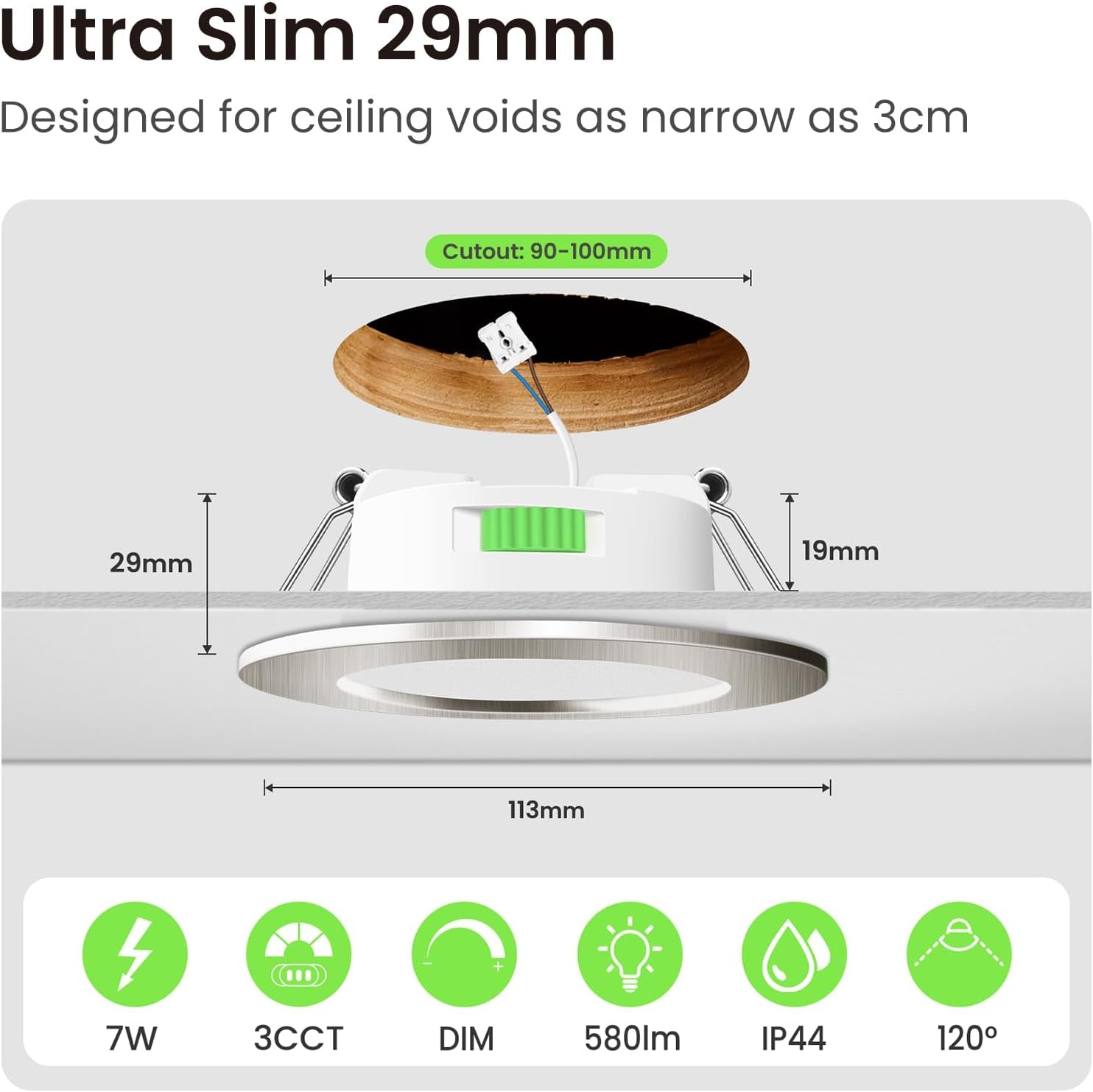 12 Pack LED Recessed Ceiling Lights Dimmable Suitable for Bathroom. | 7W 580LM 90-100Mm Cutout,Led Spot AC 220-240V,3CCT 3000K 4000K 6500K Adjustable,Ip44 Waterproof,Nickel
