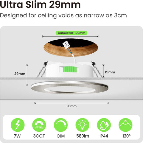12 Pack LED Recessed Ceiling Lights Dimmable Suitable for Bathroom. | 7W 580LM 90-100Mm Cutout,Led Spot AC 220-240V,3CCT 3000K 4000K 6500K Adjustable,Ip44 Waterproof,Nickel