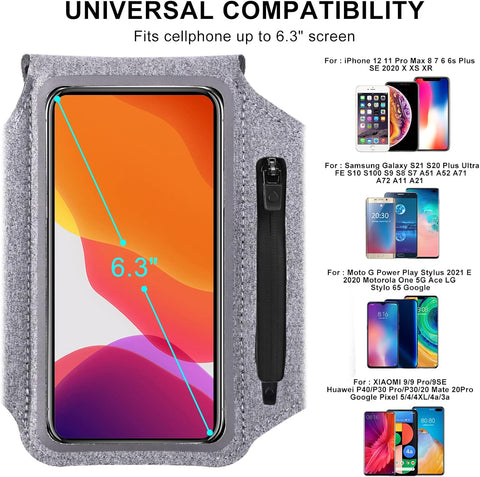 Running Phone Armband Holder with Zipper Pockets Water Resistant Grey