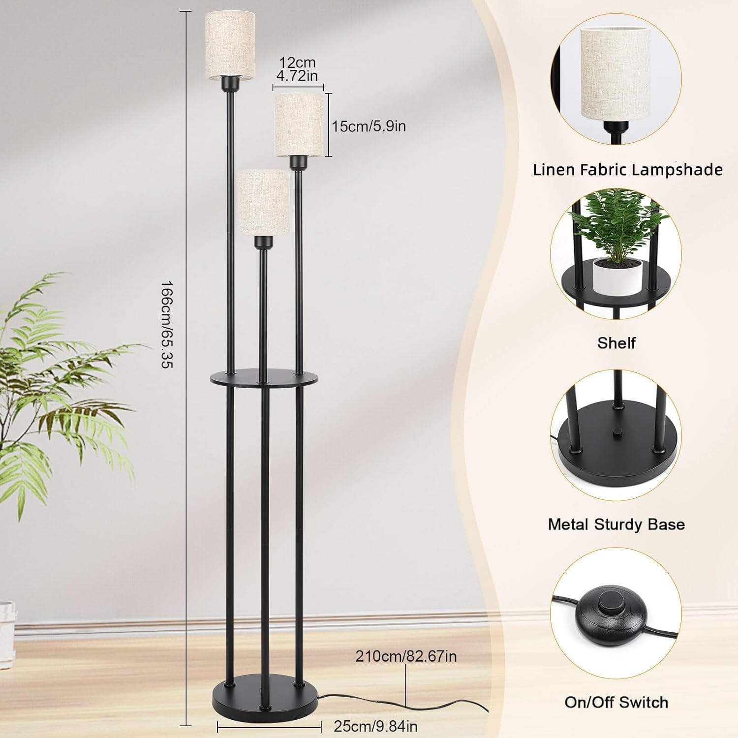 Floor lamp with measurements and features on a white background