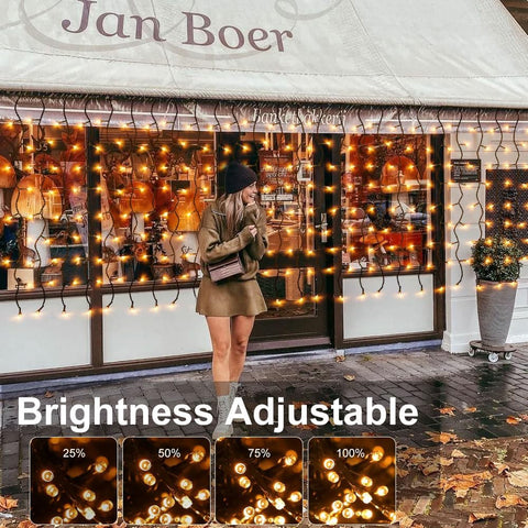6M Solar Icicle Lights 300 LED Warm White – Outdoor Christmas Curtain Lights with Remote, 8 Modes & Timer - Turn Dark Evenings Into a Festive Glow