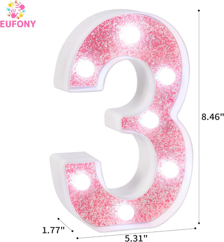 Pink Glitter LED Marquee Number 3 Light