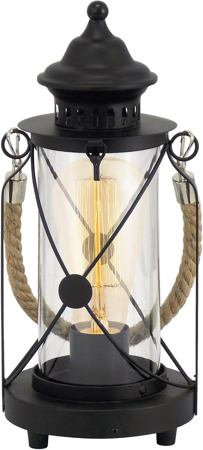EGLO Bradford Vintage Table Lamp – Black Lantern Light with Clear Glass, E27 Socket & In-Line Switch for Bedroom, Living Room & Hallway