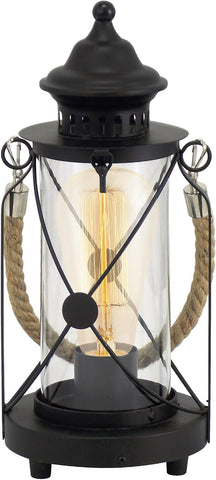 EGLO Bradford Vintage Table Lamp – Black Lantern Light with Clear Glass, E27 Socket & In-Line Switch for Bedroom, Living Room & Hallway