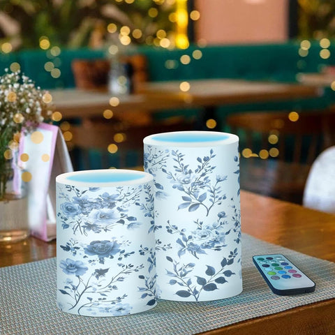 Flickering Flameless LED Candles with Blue & White Porcelain Flower Design, Remote Control & Timer, Set of 2 Battery Operated Candles