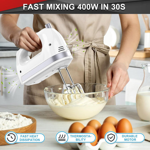 400W Hand Mixer Electric Whisk – 5 Speeds, Turbo Boost & Eject Button, 5 Accessories for Baking Cake, Egg & Cream