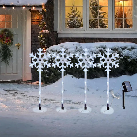 Solar Christmas Lights Outdoor 4Pcs Snowflake LED Christmas Pathway Lights with Stakes Waterproof Long-Lasting Sparkling for Patio Yard Porch Lawn Garden