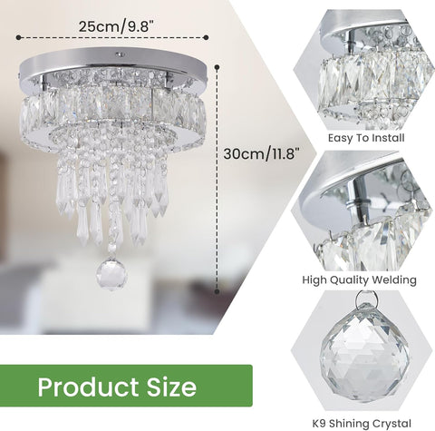Modern Crystal Ceiling Chandelier 9.8" LED Flush Mount Dimmable Light