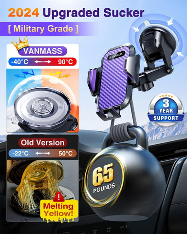 VANMASS Car Phone Holder Purple – Upgraded Suction & Clip, Rotatable Mount