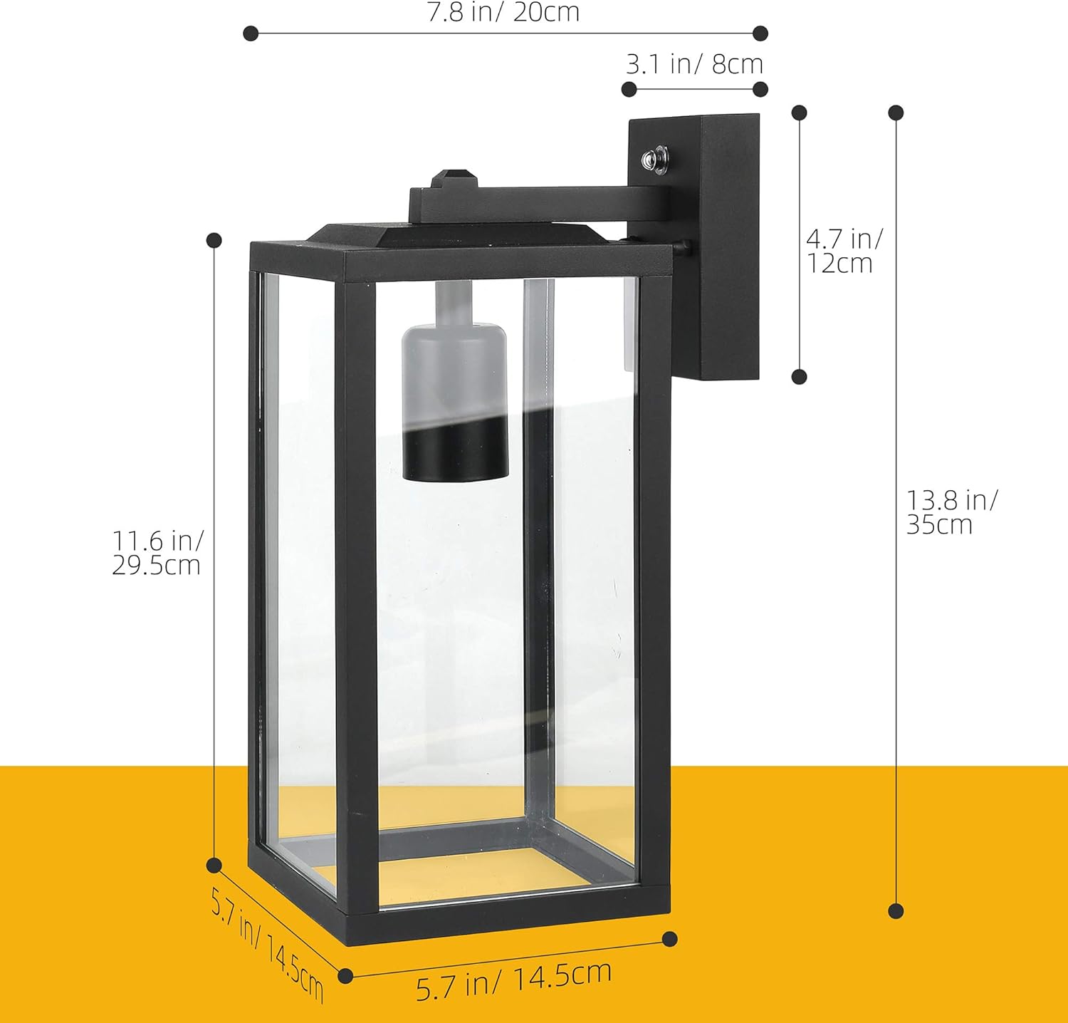 Black wall-mounted lantern with dimensions indicated on a white background