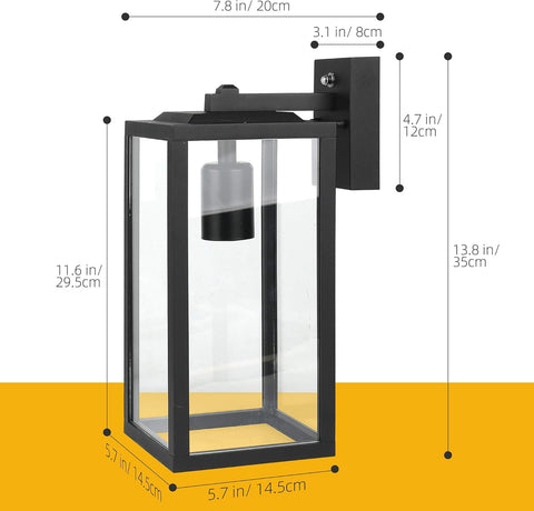 Black wall-mounted lantern with dimensions indicated on a white background
