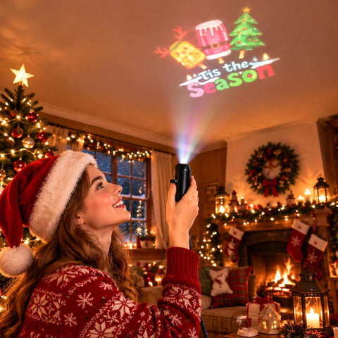 HD 5D Holographic Christmas Night Light Projector – USB 360° Rotating Christmas Projector Light with 10 HD Festive Slides for Bedroom, Living Room & Car