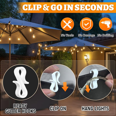 160 Pack Gutter Clips for Outdoor String Lights – S-Shaped Hooks for Christmas, Fairy, Festoon & LED Rope Lights – Line Your Outdoor Space with Lights Without Drilling