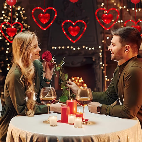 Valentine’s Day Decorative Window Lights, 3PCS Red Heart Shaped LED Hanging Window Curtain Lights, Battery Operated with Suction Cups for Wedding & Anniversary Décor