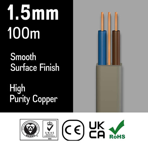 Primes DIY 1.5mm Twin & Earth Flat Grey PVC Lighting Electric Cable 6242Y (BASEC Approved) (100 Metre)