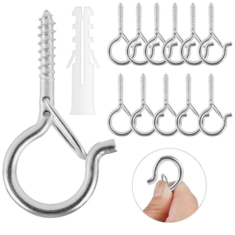 Esteopt 8 Pack Black Q-Hanger Screw-In Hooks with Safety Buckles – Steel Ceiling and Wall Hooks for Outdoor String Lights, Plants, Bird Feeders & Christmas Decorations