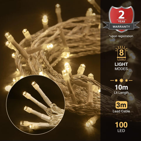 ANSIO Christmas Lights 100 LED 10m Warm White Mains Powered Clear Cable – Indoor & Outdoor Fairy String Lights with 8 Light Functions for Christmas, Weddings & Parties